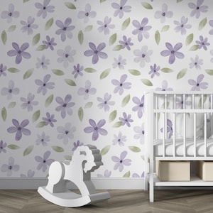 Purple Floral Wallpaper, Delicate Watercolor Flowers Mural, Baby Girl Nursery Kids Room, Lavender Flowers Leaves Pattern Wallpaper