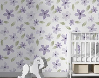 Purple Floral Wallpaper, Delicate Watercolor Flowers Mural, Baby Girl Nursery Kids Room, Lavender Flowers Leaves Pattern Wallpaper