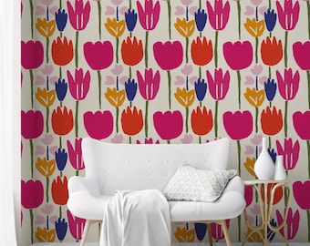 Colorful Tulip Wallpaper Mural - Scandinavian Floral Peel and Stick
