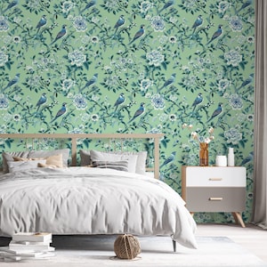 Vintage Blue Bird Floral Wallpaper, Green Chinoiserie Botanical Wall Mural Bedroom Living Room