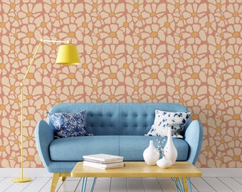 Earthy Abstract Flower Wallpaper, Covering Warm Accent Wall, Retro Daisy Wallpaper, 70s Boho Floral Peel and Stick Wallpaper