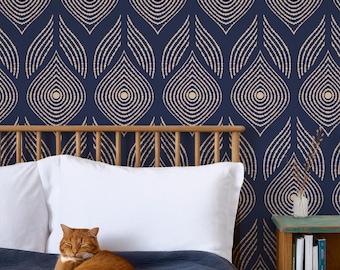 Art Deco Eye Wallpaper Mural: Navy Blue & Gold Geometric Pattern