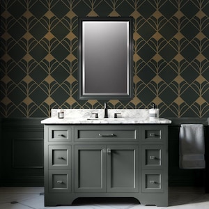 Dark Green Gold Geometric Wallpaper, Art Deco Style Peel and Stick Mural, Vintage Inspired Wall Decor, Emerald Green Gold Art Deco Pattern