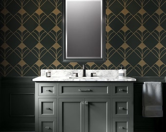 Dark Green Gold Geometric Wallpaper, Art Deco Style Peel and Stick Mural, Vintage Inspired Wall Decor, Emerald Green Gold Art Deco Pattern