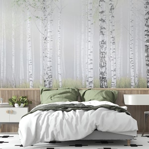 Birch Forest Wallpaper Mural, Scandinavian Nature Wall Decor, Misty Birch Tree Wall Art, Woodland Peel & Stick Wallpaper