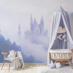 Fantasy Castle Wallpaper Mural, Blue Fairytale Castle Clouds, Peel and Stick Nursery Wall Décor, Magical Castle Wall Mural, Baby Wall Mural