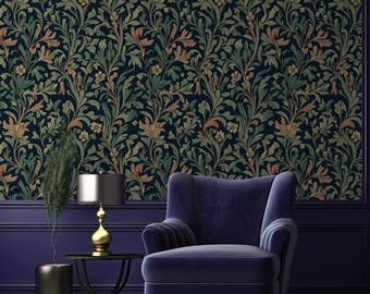 William Morris Wallpaper Bedroom & Living Room, Dark Floral Vintage Wallpaper, Elegant Vintage Botanical Wall Art Decor