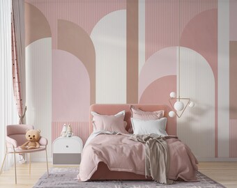 Modern Pink Arch Wall Mural – Minimalist Geometric Wallpaper, Soft Pastel Wall Art for Bedroom & Nursery