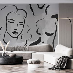 Black Gray Line Art Wall Mural, Abstract Female Wallpaper, Modern Minimalist Accent Wall for Living Room & Bedroom