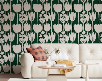 Mid-Century Modern Tulip Wallpaper: Hunter Green Scandinavian Floral, Peel and Stick