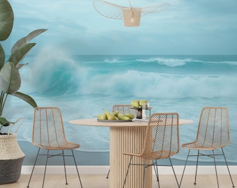 Turquoise Ocean Waves Mural, Coastal Beach Wallpaper, Blue Seascape Accent Wall, Modern Home Décor, Peel and Stick Removable