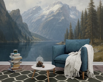 Realistic Mountain View Mural, Serene Lake & Forest Wallpaper, Nature Escape Wall Art, Living Room Accent Wall, Mountain Wallpaper Mural