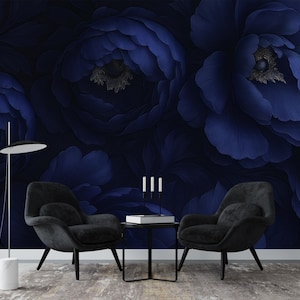 Dark Floral Wallpaper Mural, Moody Blue Peony Flowers, Deep Blue Floral Wallpaper, Moody Navy Blue Floral Print, Romantic Statement Wall