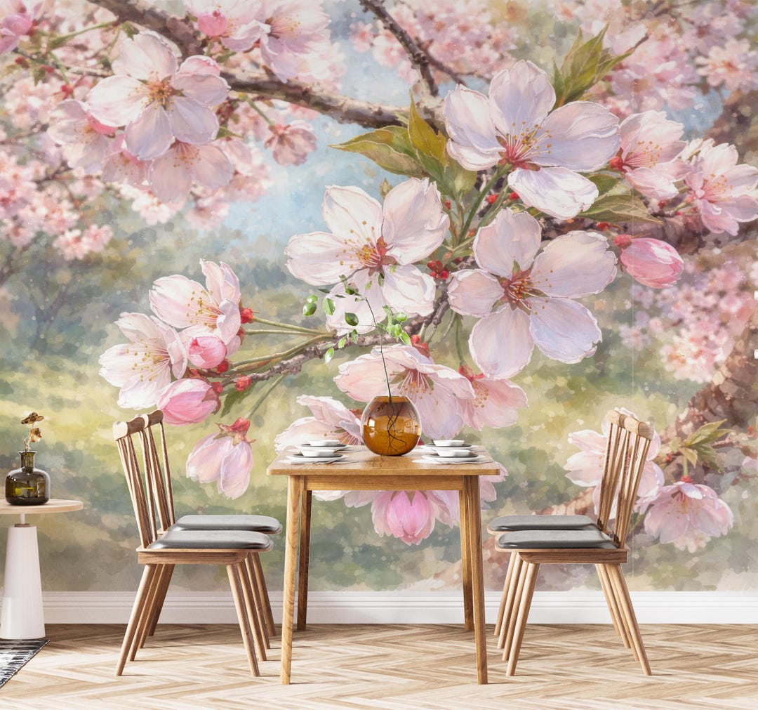 Watercolor Cherry Blossom Wall Mural, Soft Pink Floral Wallpaper ...