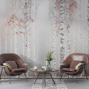 Birch Forest Wall Mural, Birch Tree Wall Mural Covering, Pink Accents, Removable Wall Mural, Scandinavian Style, Botanical Wall Mural Decor
