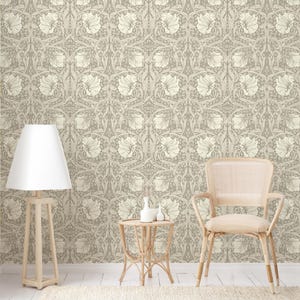 William Morris Style Floral Greige and Cream, Neutral Art Nouveau Wallpaper, Peel and Stick, Damask Removable Wallpaper