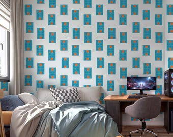Modern Basketball Pattern Wallpaper Peel and Stick, Retro Sports Wall Mural, Blue Teal & Orange Basketball Court Wall Decor for Game Room