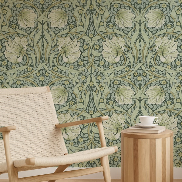 Green William Morris Style Wallpaper, Art Nouveau Iris Floral Sage & Yellow, Peel and Stick Botanical Removable Wallpaper