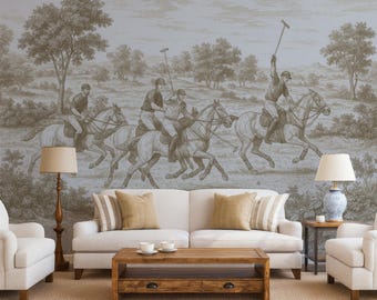 Polo Match Toile Wallpaper, Vintage Equestrian Wall Mural, Sepia Engraving Peel and Stick, Classic Country Home Décor Wallpaper