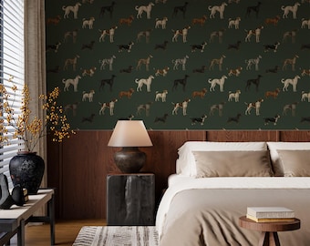 Dark Green Dog Silhouette Wallpaper, Dog Pattern Removable Wallpaper, Luxury Dog Peel and Stick Wallpaper