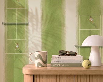 Watercolor Stripes Wallpaper, Tennis Court Wallpaper, Preppy Sport Pattern, Green and Cream Peel and Stick, Vintage Tennis Player Décor
