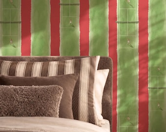Red and Green Tennis Wallpaper, Striped Watercolor Wall Mural, Vintage Sport Pattern, Peel and Stick Removable, Preppy Retro Room Décor