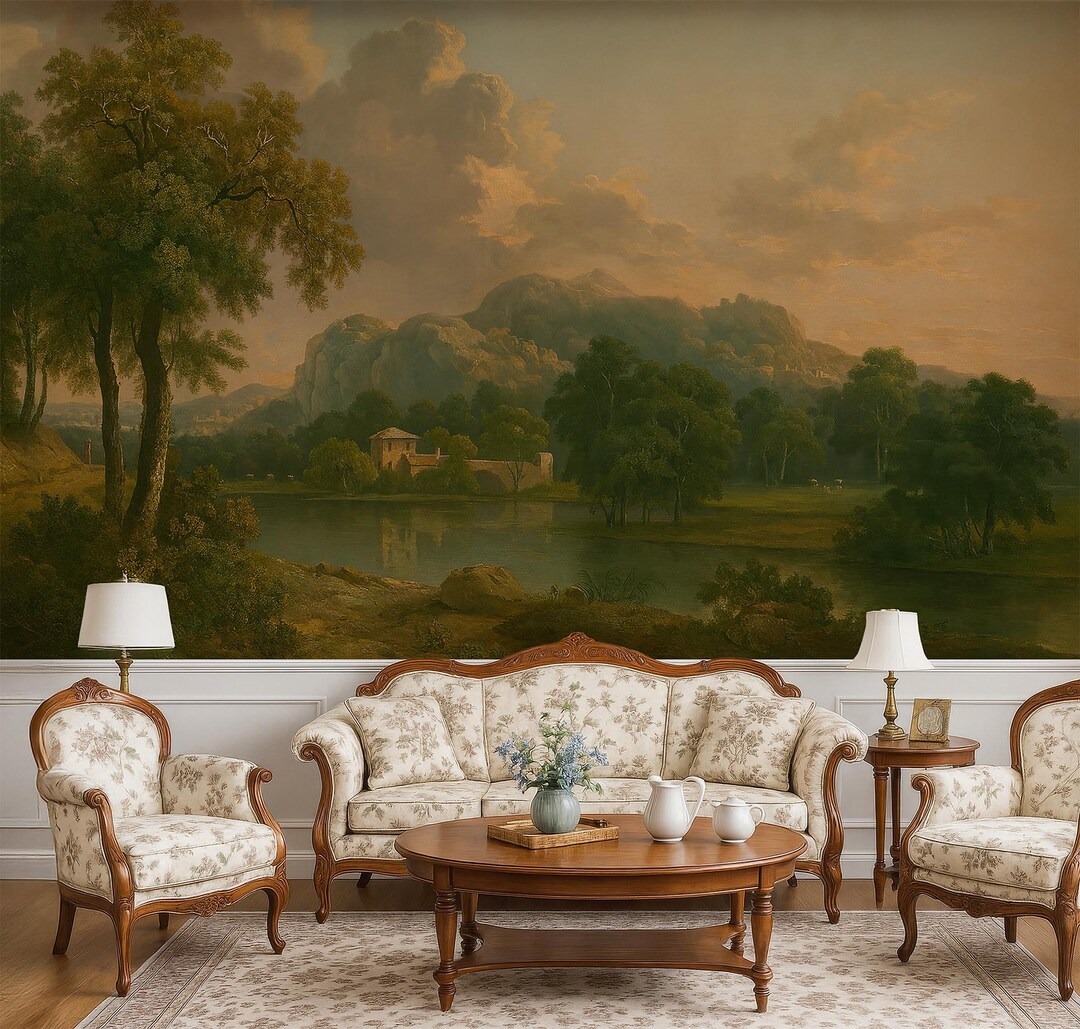 Classic Landscape Mural, Vintage Pastoral River Scene, Peel and Stick ...