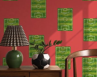 Red Soccer Wallpaper, Football Field Pattern Peel and Stick, Kids Room Red Wall Décor, Sports Theme Playroom Wallpaper, Removable Wallpaper