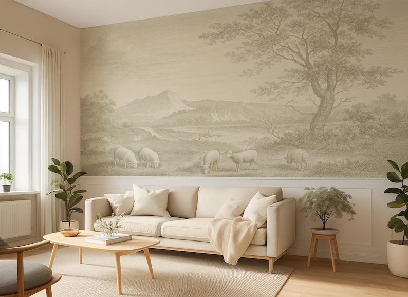 Vintage Sheep Wallpaper Mural: Neutral Pastoral French Country Decor - Etsy