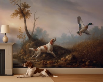 Hunting Scene Peel and Stick Wallpaper: English Country Dogs & Duck Mural