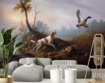 Hunting Dog Wall Mural - Classical Sporting Art Wallpaper - Peel and Stick English Setter Duck Painting