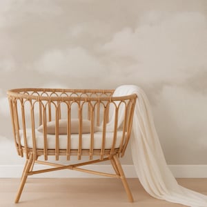May include: A light brown rattan bassinet with a cream mattress and a striped pillow. A white blanket drapes over the side. The bassinet has a curved design and is supported by angled legs.