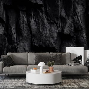 Black Rock Wall Mural, 3D Textured Stone Wallpaper, Peel and Stick, Dark Charcoal Slate Accent Wall for Modern & Industrial Decor