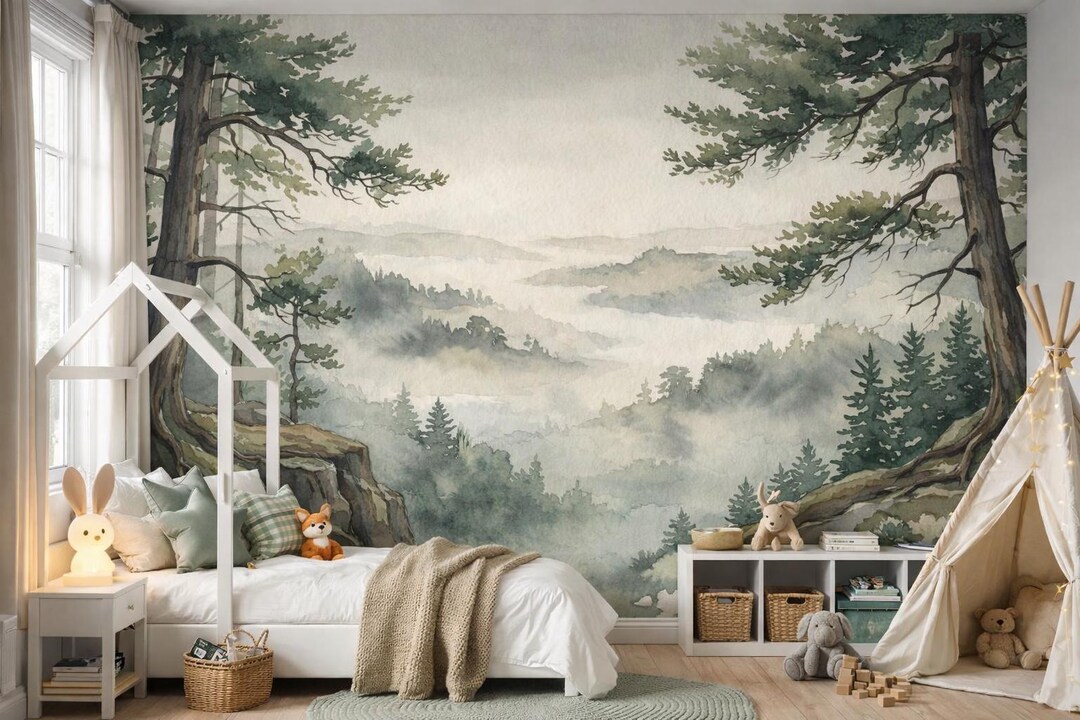 Misty Forest Nursery Wallpaper, Watercolor Pine Tree Wall Mural ...