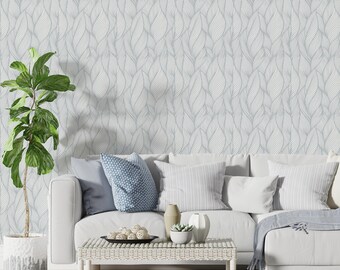 Light Blue Wavy Leaf Peel and Stick Wallpaper: Coastal Scandi Line Art