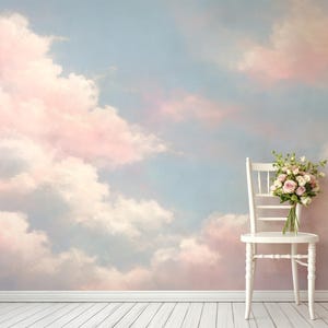 Pink Cloud  Pastel Sky Mural Wallpaper, Dreamy Cotton Candy Clouds Background, Fine Art Newborn Backdrop, Romantic Floral Wall Décor