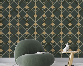 Art Deco Peel and Stick Wallpaper Geometric Wall Mural Dark Green and Gold Wallpaper Removable Self Adhesive Modern Accent Wall Décor