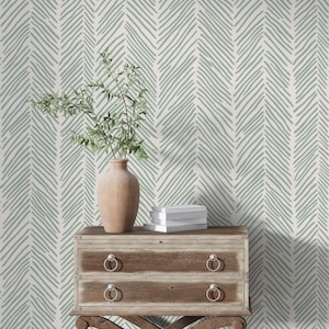 Green Herringbone Wallpaper, Botanical Peel and Stick Wall Mural, Removable Minimalist Wallpaper, Rustic Modern Wall Décor