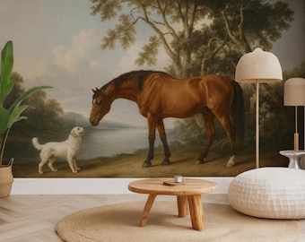 Classic Art Horse and Dog Mural, Vintage English Painting Wallpaper, Peel and Stick Equestrian Accent Wall