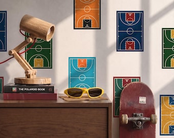 Basketball Court Wallpaper Boys Room, Sports Pattern Peel and Stick Wall, Colorful Kids Room Décor, Retro Basketball Court Wallpaper