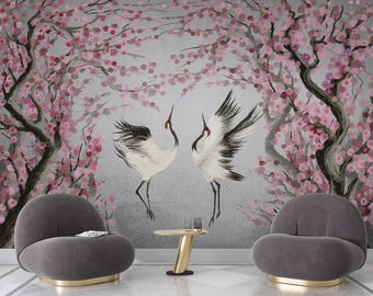 Cherry Blossom Crane Wall Mural – Asian-Inspired Bird & Floral Wallpaper, Elegant Pink Sakura Wall Art for Living Room Bedroom
