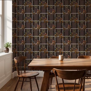 May include: Brown wallpaper featuring a repeating pattern of polo players on horseback, framed by white lines. The design includes laurel wreaths and is set against a striped background. The room includes a wooden table, chairs, and a window.