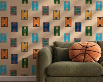Basketball Pattern Wallpaper, Sports Theme Removable Wall Mural, Colorful Vintage Court Wallpaper Peel and Stick Game Room