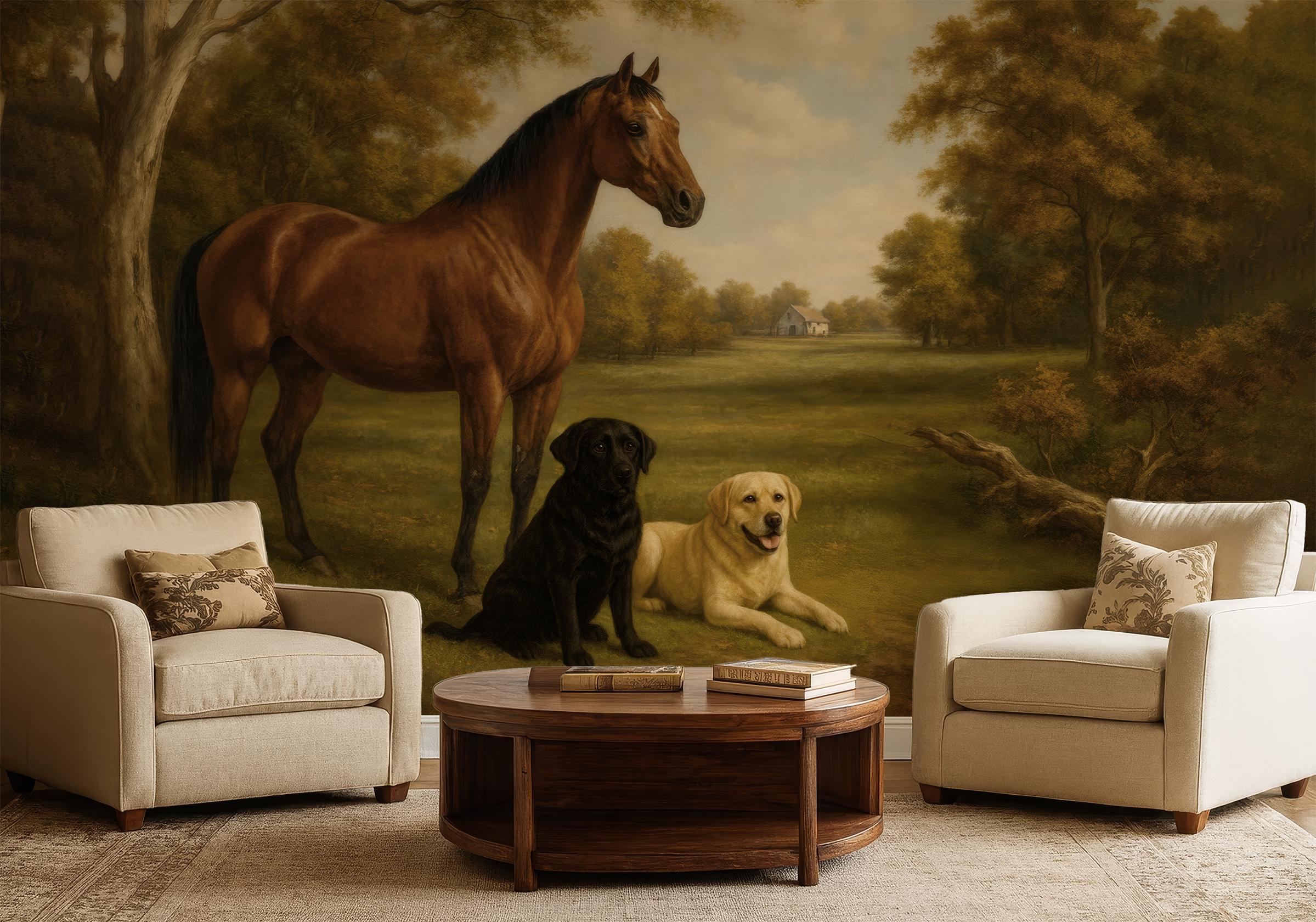 Horse and Dogs Wall Mural, English Countryside Wallpaper, Peel and