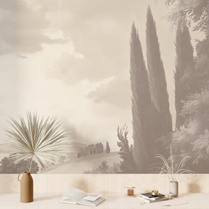 Neutral Tuscany Landscape Mural, Elegant Italian Countryside Wallpaper, Vintage Sepia Wall Art for Timeless Interiors