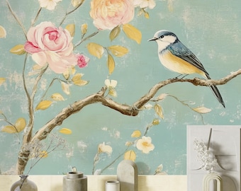 Chinoiserie Bird Floral Mural Wallpaper, Vintage Blue Botanical Wall, Elegant Floral Wall Mural, Blue Green Blossom Birds, Boho Chic Decor