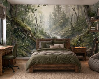 Enchanted Forest Wall Mural, Vintage Woodland Oil Painting Wallpaper, Misty River Landscape Wall Décor, Peel and Stick Forest Accent Wall