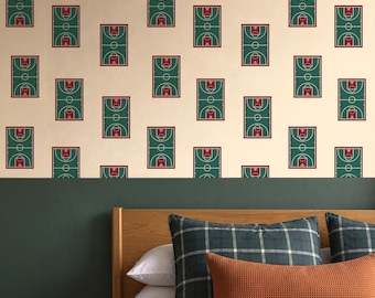 Retro Basketball Wallpaper Pattern, Mid Century Sports Court Wall Coverings, Vintage Sports Aesthetic Peel and Stick Wallpaper for Man Cave
