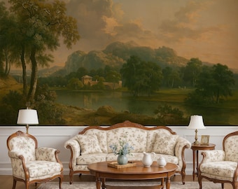 Classic Landscape Mural, Vintage Pastoral River Scene, Peel and Stick, Traditional Grandmillennial Scenic Wallpaper