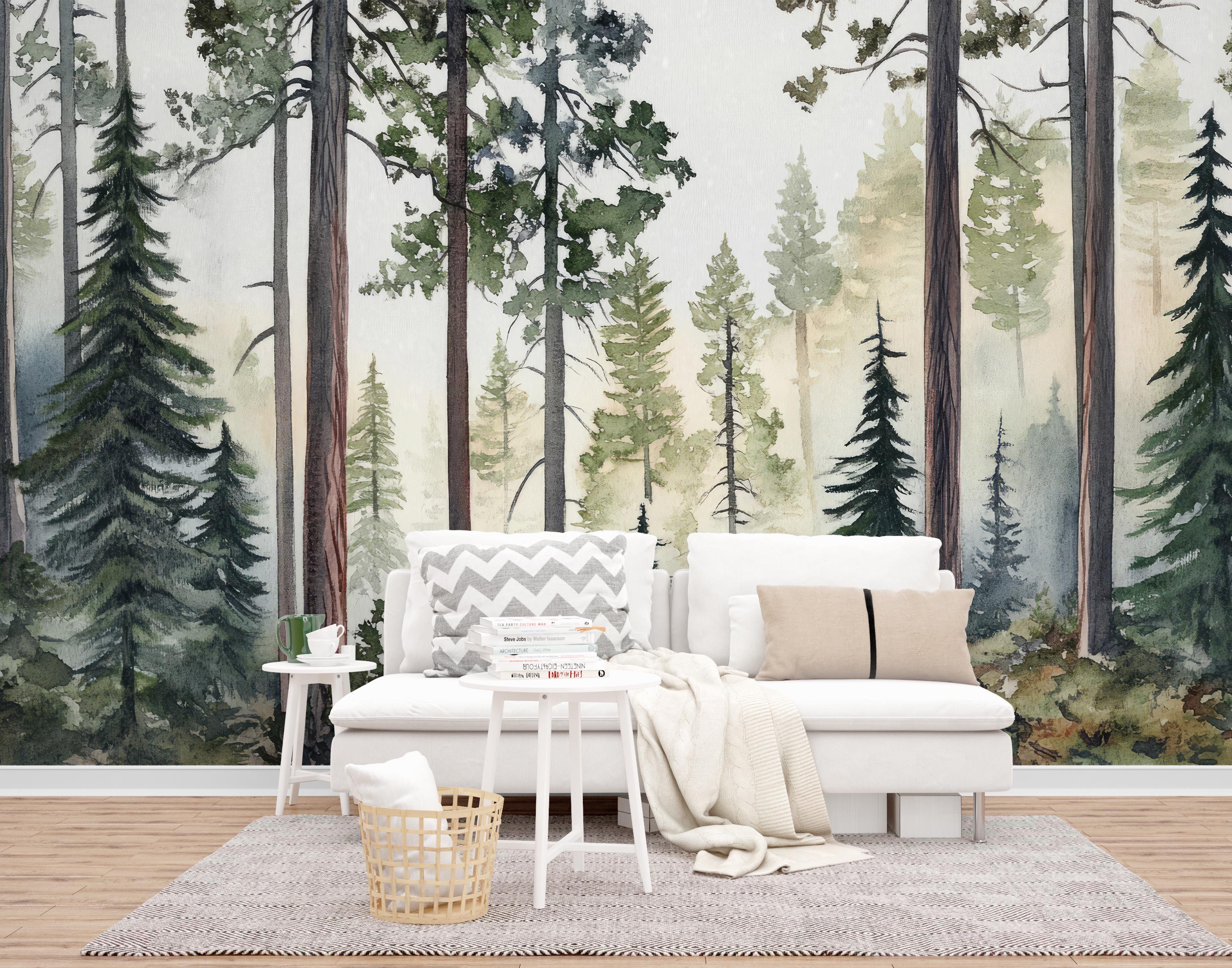 Tall Pine Forest Wall Mural, Watercolor Tree Wallpaper, Minimalist ...